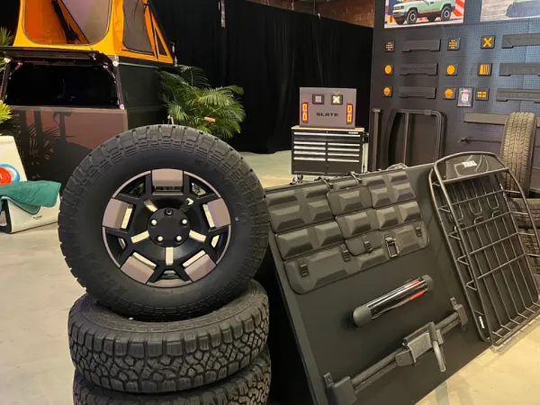 A gallery of tires and vehicle parts.
