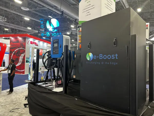 A portable charging unit in an expo hall. 