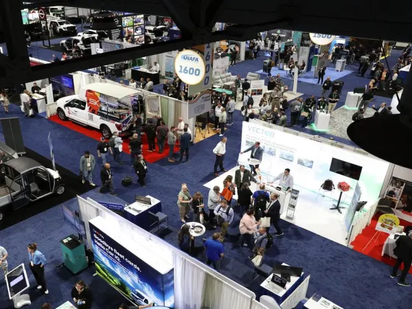 Expo hall exhibits from above.