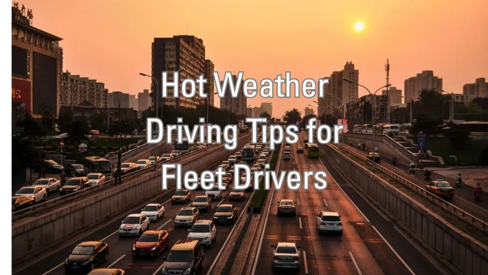 A thermometer with a high reading, and traffic behind it on a hot day. Words say the title of the article "Hot Weather Driving Tips for Fleet Drivers: 2025 Edition."