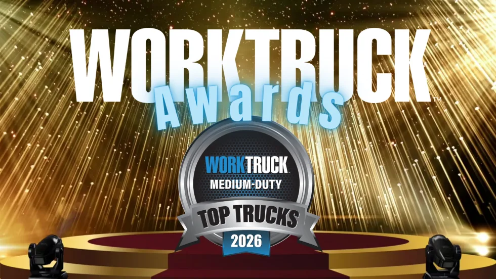 Work Truck Awards with Medium-Duty Top Trucks 2026 on gold background with spotlights.