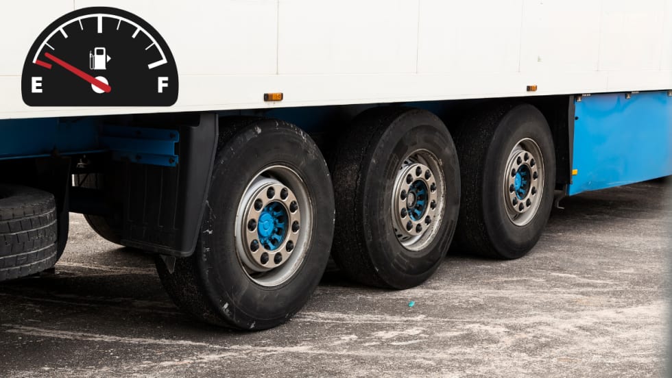  Big rig tires close up with a fuel economy gauge 