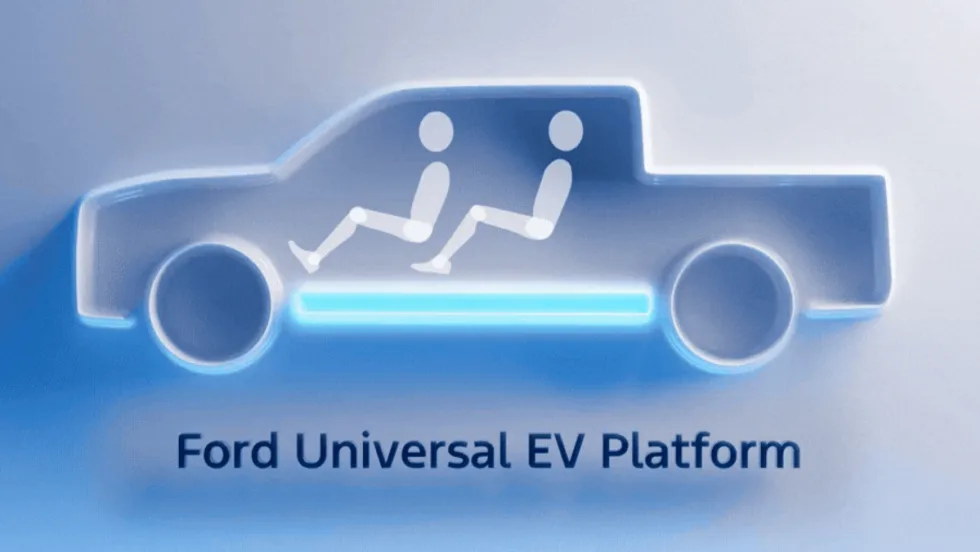 Diagram of Ford Universal EV Platform with stylized pickup outline and battery highlighted under passenger seats.