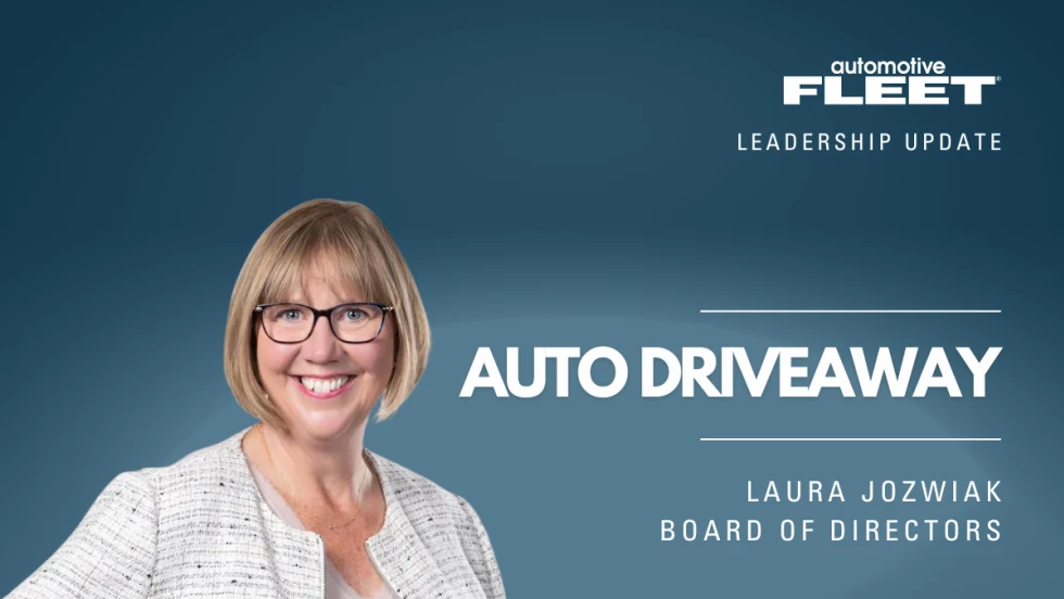 A leadership update graphic featuring Laura Jozwiak's headshot, highlighting her as a board director at Auto Driveway.