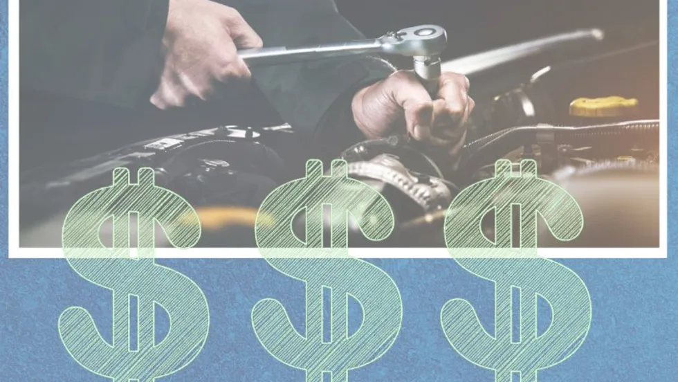 Image of mechanic turning socket wrench with dollar signs on the bottom to signify savings.