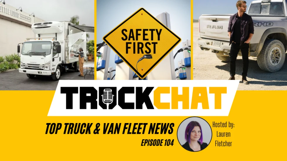 Collage image that shows new Isuzu Craft Beer Truck, a sign that says safety first in front of electric charges, and actor Glen Powell in front of a Ram Truck. 