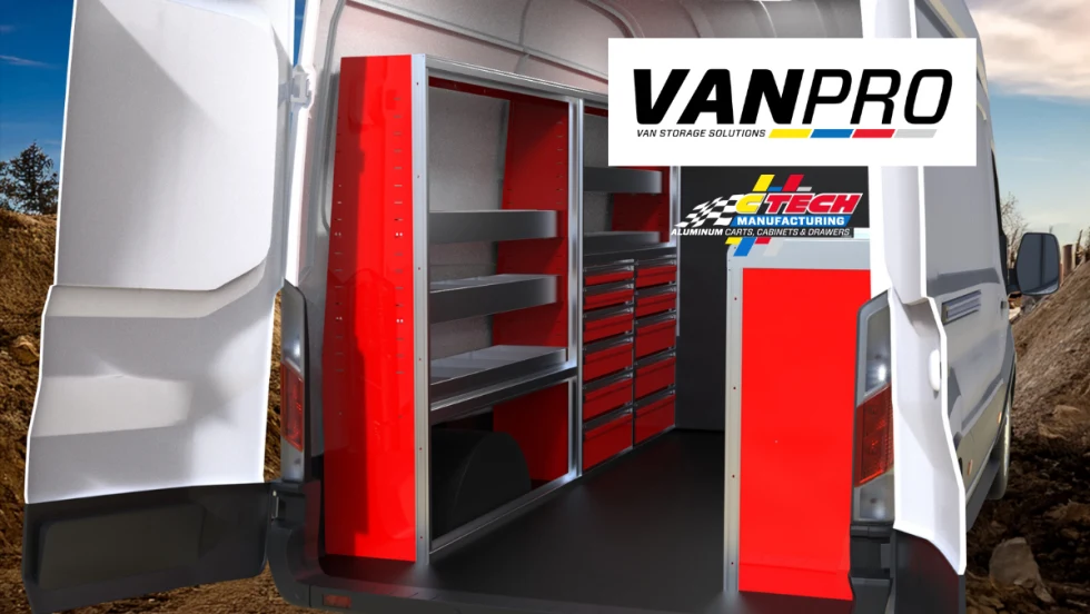 Image of rear doors of work van open and view of red shelving inside.