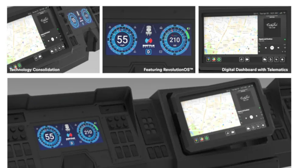 Multiple images of digital screens inside a truck.