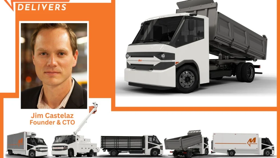 A collage of white battery-electric trucks is shown, with inset photo of the company's founder.