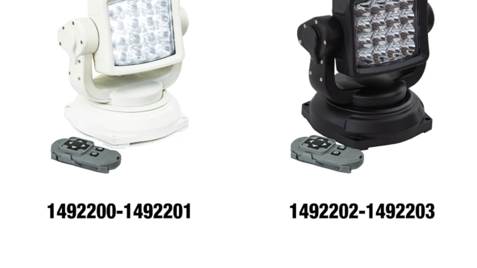 Image of two mounted spotlights, one white and one black, with each having a wireless remote.