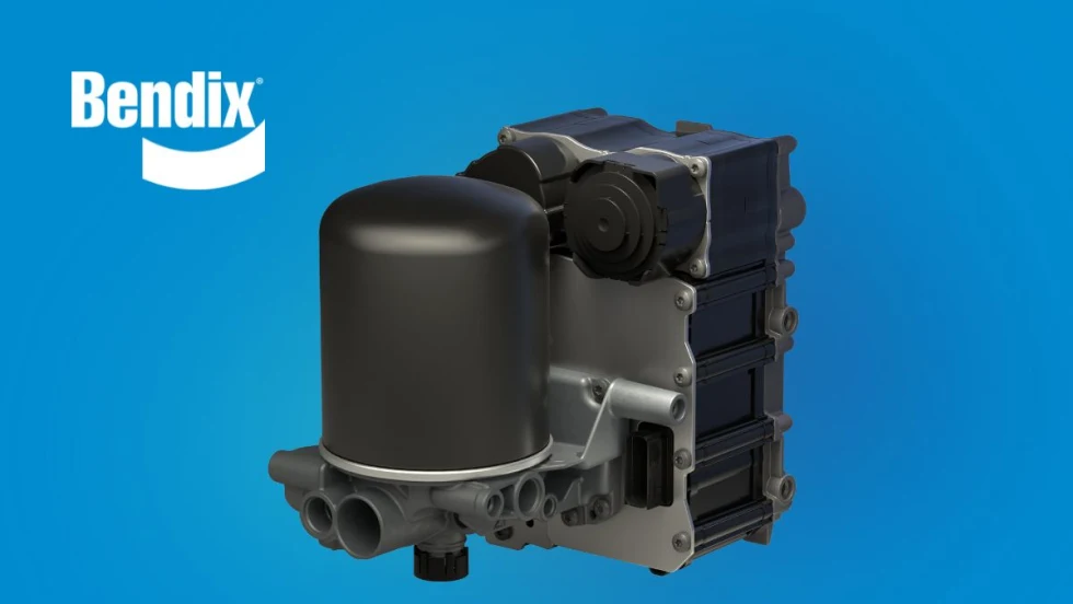 Blue background with white Bendix logo upper left, and dark gray piece of machinery in the middle.