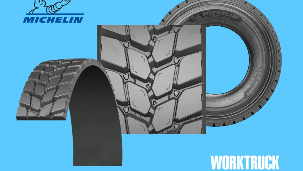 Michelin retread tire from three views on blue background