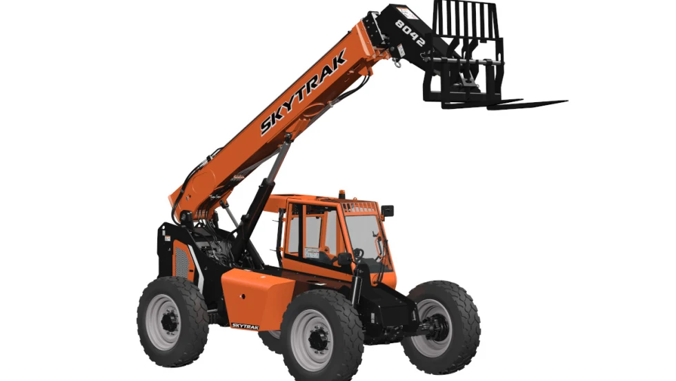 An orange Skytrak telehandler with boom extended is shown against a white background.
