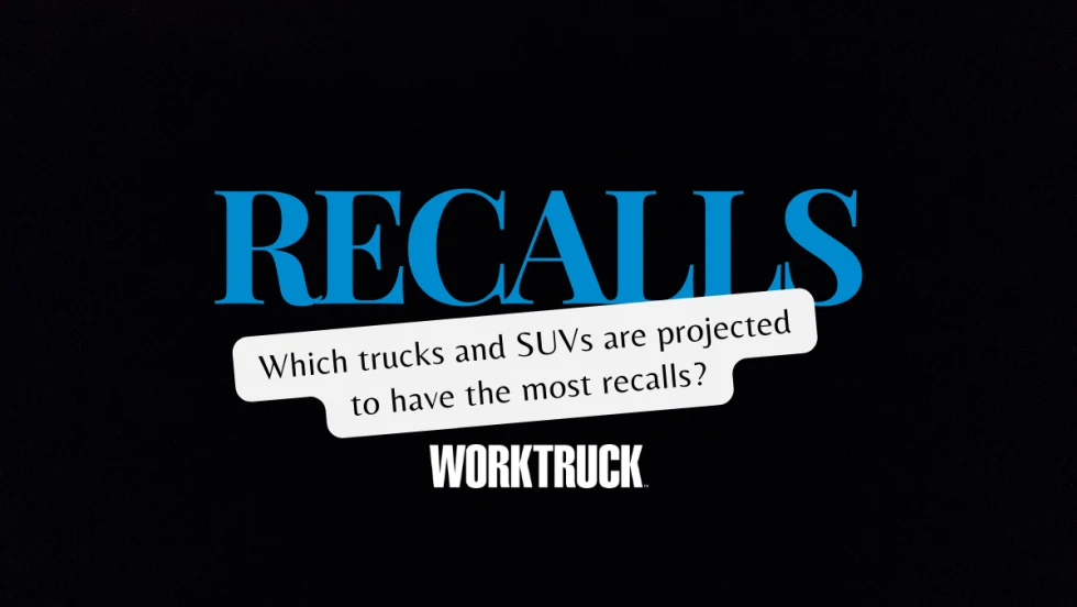 Black background with blue Recalls and question, "which trucks and SUVs are projected to have the most recalls?"