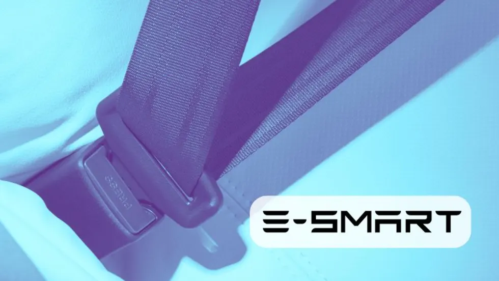 photo of a buckles seatbelt, with inset company logo for E-Smart.