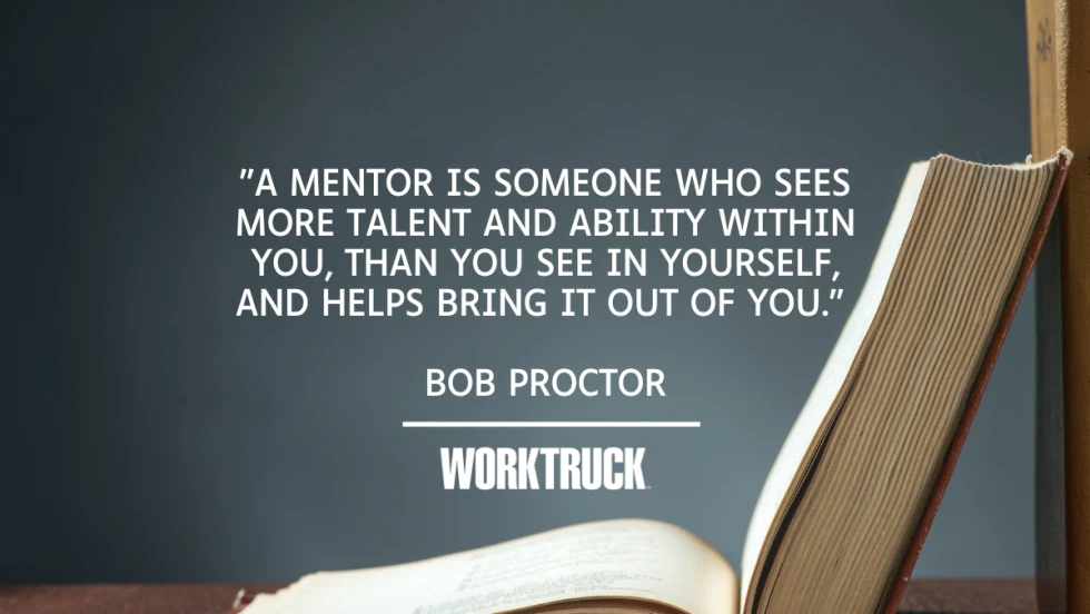 Gray background with book and quote: "A mentor is someone who sees more talent and ability within you, than you see in yourself, and helps bring it out of you," from Bob Proctor.