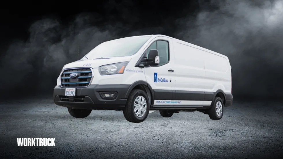 A white Ford E-Transit electric van with SoCalGas branding