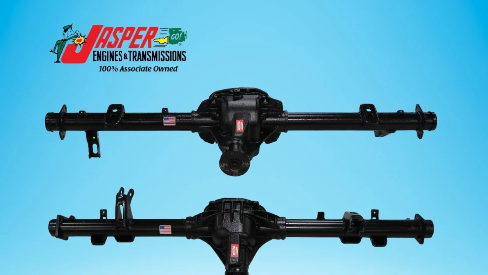 Two truck differentials are shown against a blue background with company logo for Jasper Engines & Transmissions.
