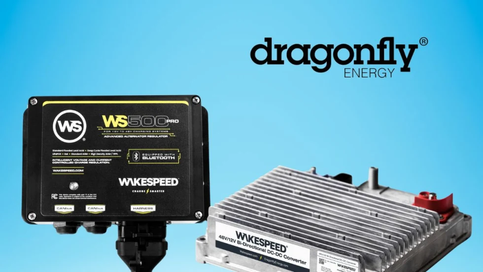Two electrical boxes are shown against a blue background with the company logo for Dragonfly Energy in the upper right corner.