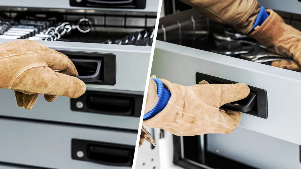 Two images of a gloved hand opening a latch handle on a tool drawer.