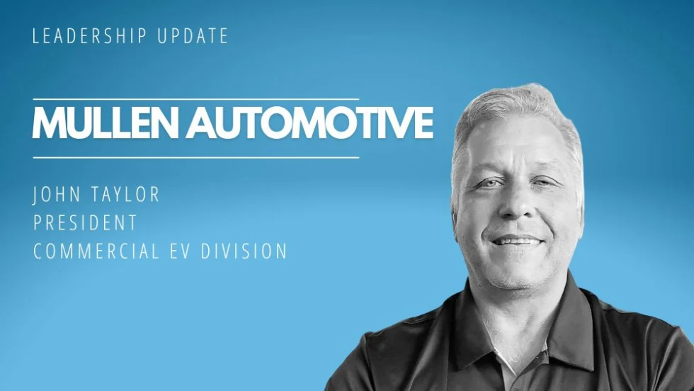 Blue background with inset photo of man, John Taylor of Mullen Automotive.