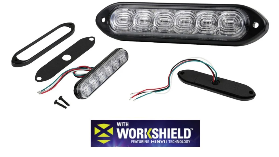 Collection of white emergency lights and wires and a logo for WorkShield.