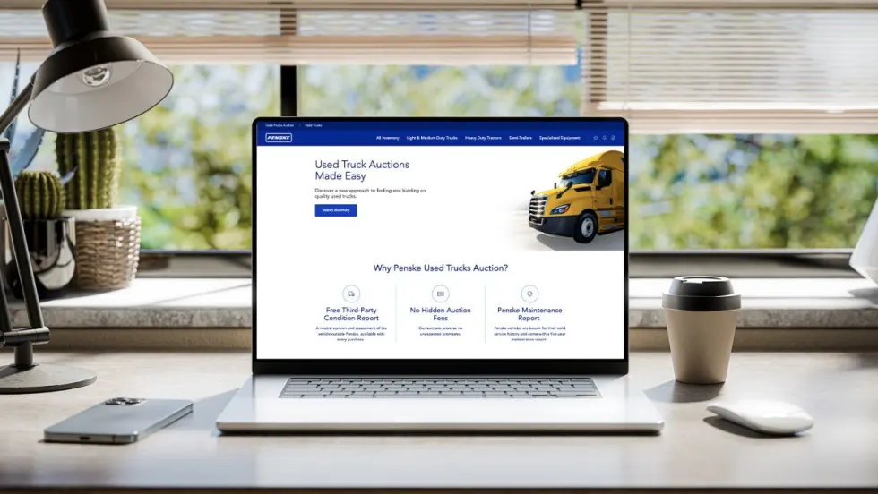 Laptop with Penske Used Truck auctions on screen