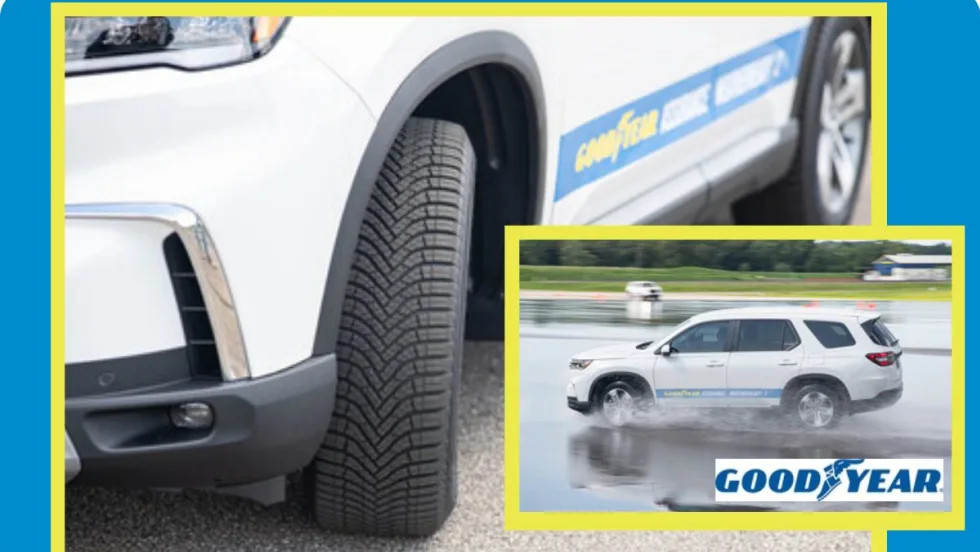 Image shows the front view of a tire tread on a vehicle, inset photo of SUV shows Goodyear vehicle testing tires on wet road.