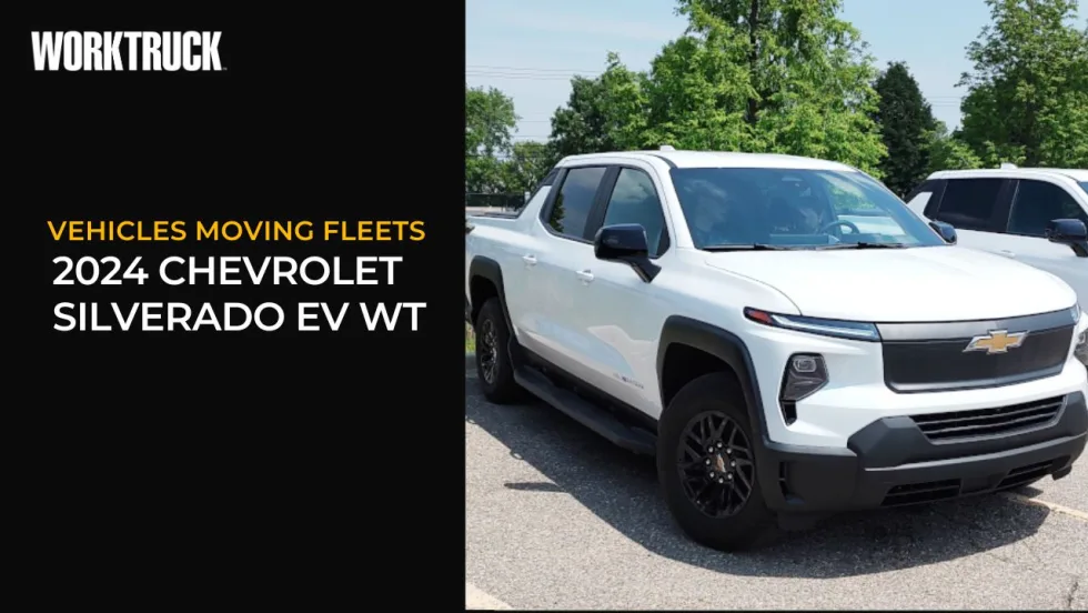 Split image showing a white pickup truck and black background with white lettering that says 2024 Chevrolet Silverado EV WT.