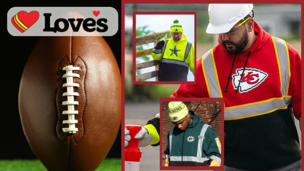 Love's Travel Stops logo, image of a football, and three images of workers wearing reflective apparel representing NFL teams.