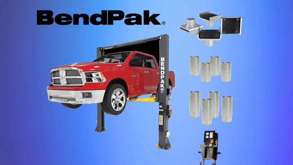 Red pickup truck on a two-post automotive lift with logo on background for BendPak.