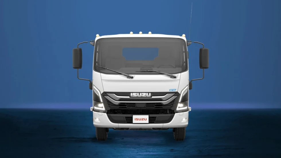 Isuzu NRR-EV on blue background