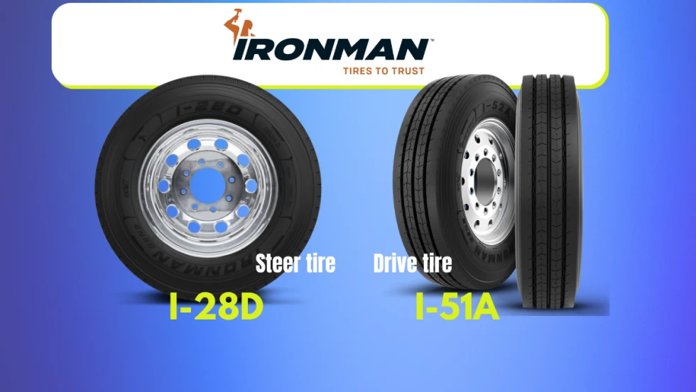 three tires showing tread in front of a blue background and a logo for Ironman Tires.