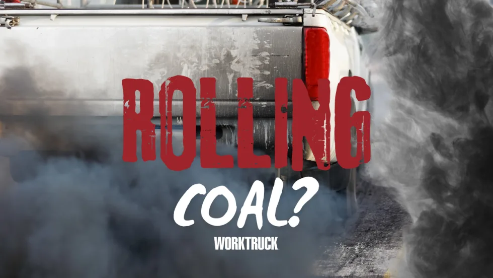 Photo of pickup truck emitting toxic smoke with ROLLING COAL? in large font