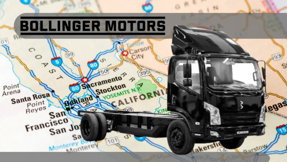 Image of a black chassis cab truck in front of a map of California with Bollinger Motors company name in the upper left area of the image