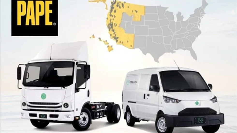 image to two trucks, a map with Western US highlighted in yellow, and logo for Pape Truck.