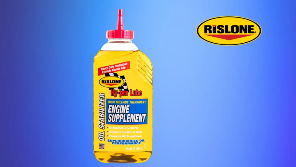 Yellow bottle of oil additive against a blue background and a company logo for Rislone