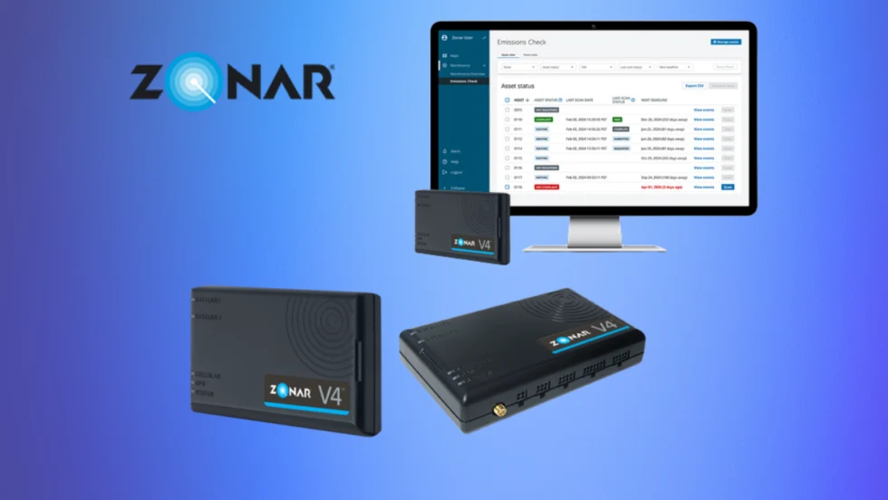 Black electronic equipment and a computer screen against a blue background and logo for Zonar.