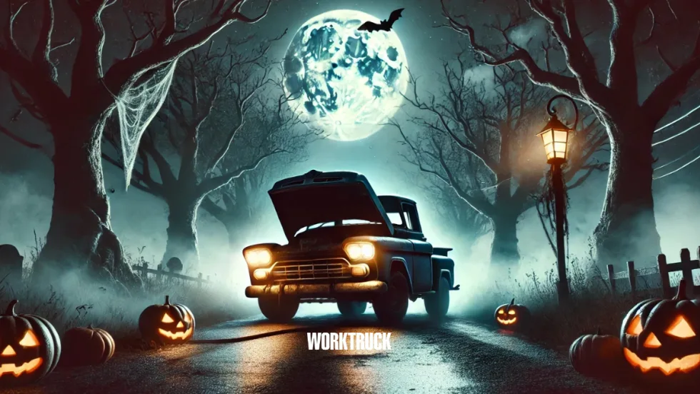 Sppoky broken down old pickup truck on a halloween road