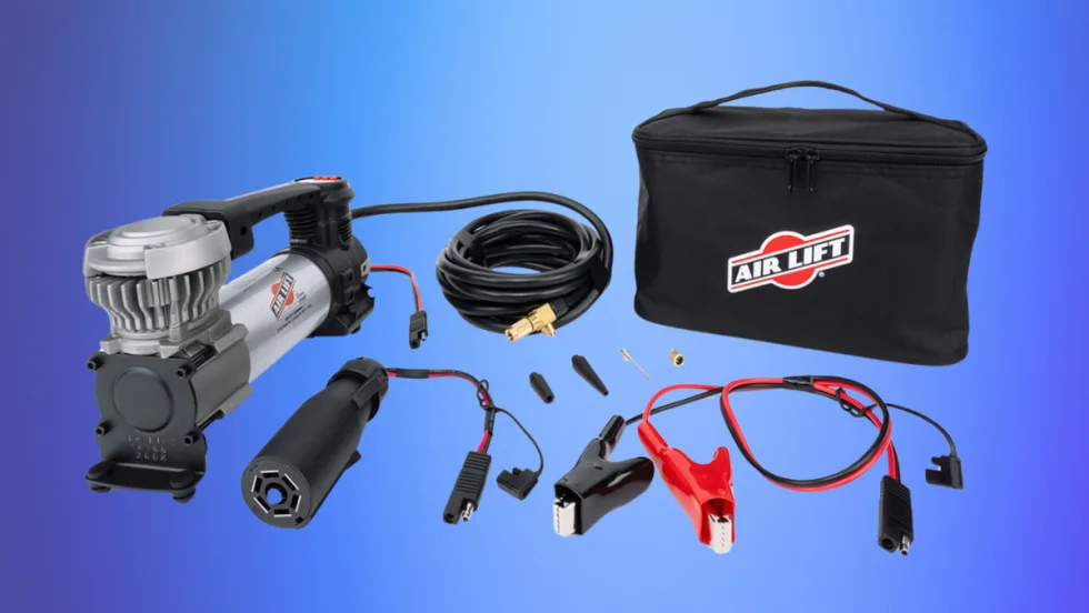 Air compressor kit displayed against a blue background.