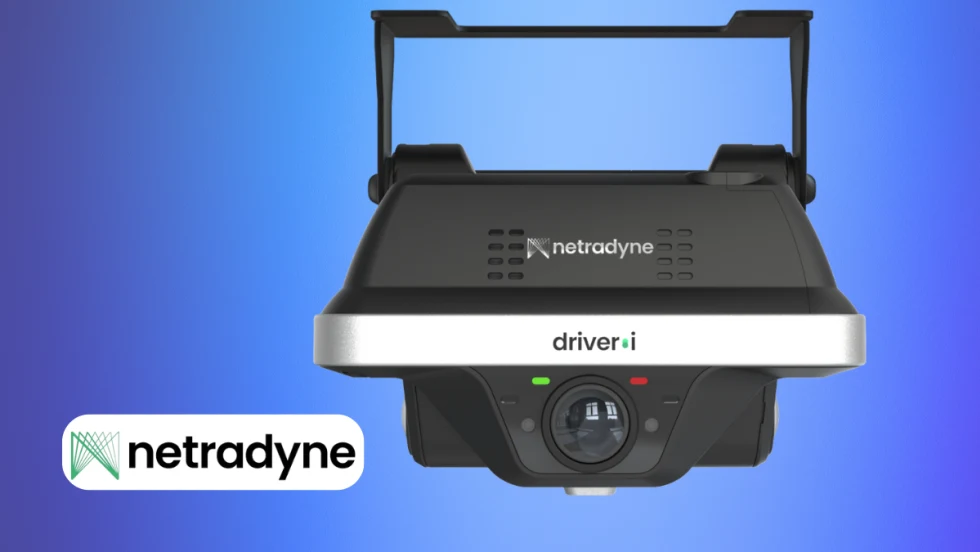 Driver-facing camera on a blue background with Netradyne company logo.