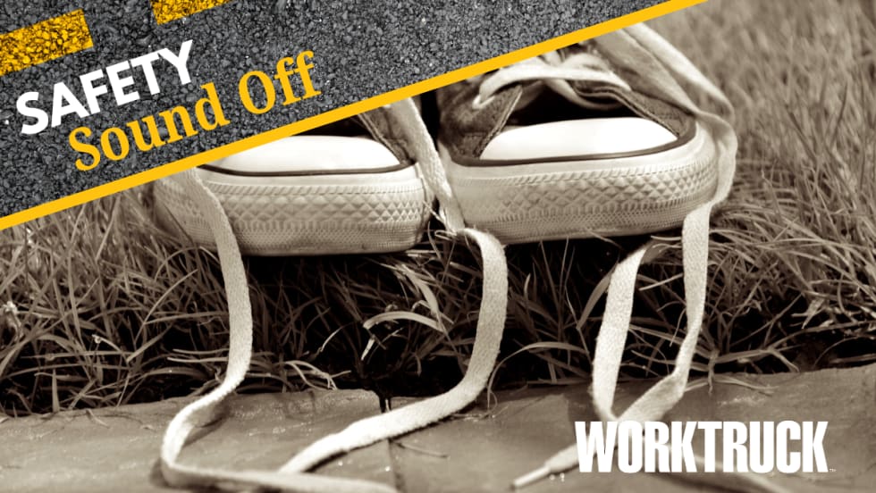 Logo for blog theme Safety Sound Off in the upper left, Work Truck logo lower right, against a background image of tennis shoes with untied laces.