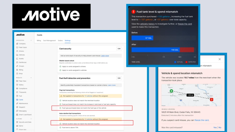 multiple screenshots of Motive's fuel fraud protection app.