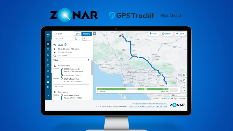 computer screen showing GPS tracking against a blue background with logos for Zonar and GPS Trackit.