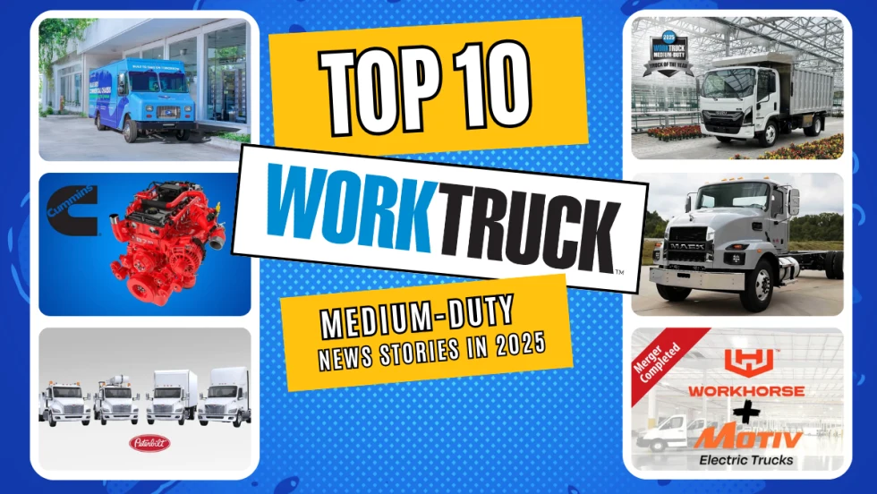 Six images inset against a blue background and headlines for Top 10 Work Truck Medium-Duty News Stories of 2025.