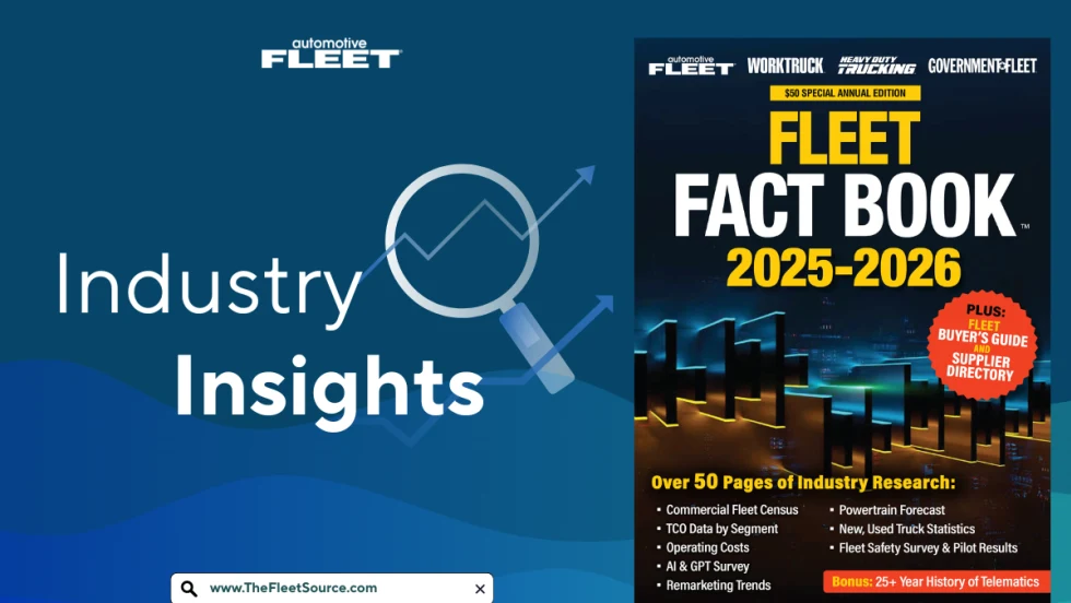 A Fleet Fact Book thumbnail rests on a blue background with arrows and a search bar next to it.