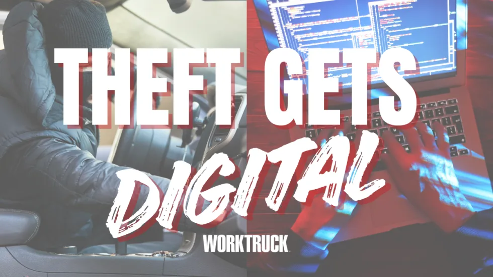 Split image showing a person in a hooded jacket attempting to steal a vehicle on one side and hands typing on a laptop with code on the screen on the other, the rise of digital and cyber-theft