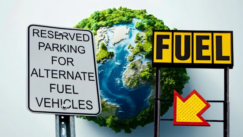 A sign for alternate-fuel vehicle parking next to a fuel sign and an illustrated Earth, representing fleets balancing EV, hybrid, propane autogas, and diesel strategies in 2025.
