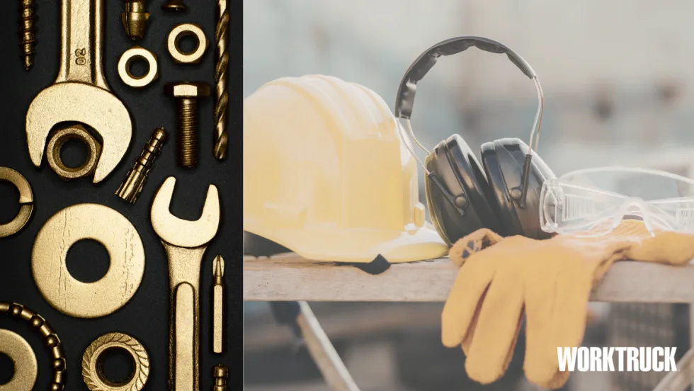 Gold tools and PPE including a hard hat, gloves, ear protection, and safety glasses, representing fleets improving worker support, safety, and day-to-day job tools in 2025.