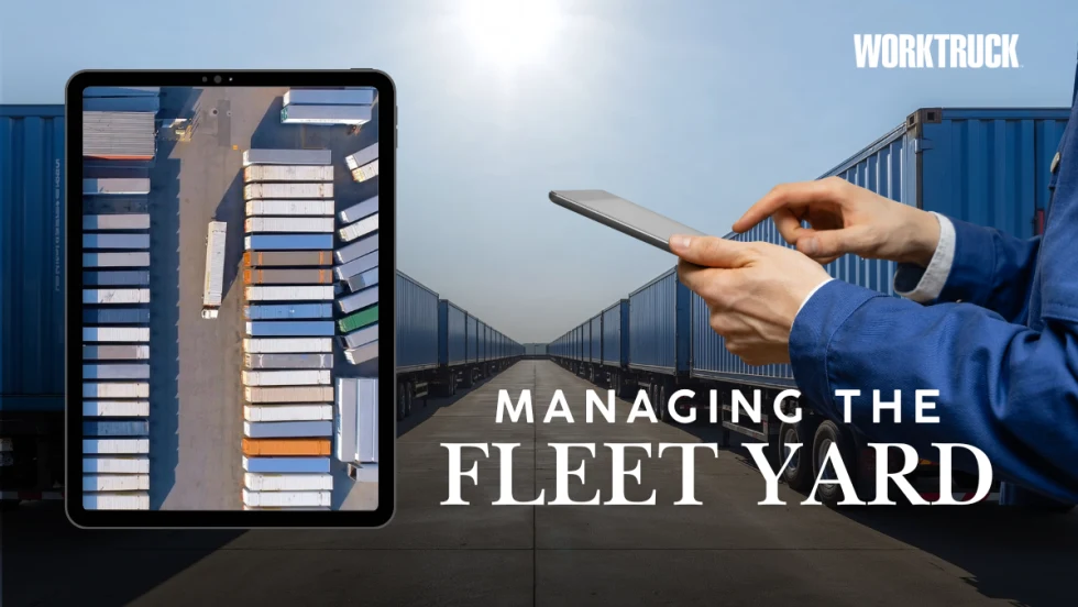 Work Truck graphic showing a tablet with a packed vehicle yard and hands using a mobile device, with “Managing the Fleet Yard” text, representing tech-driven yard operations and workflow control in 20